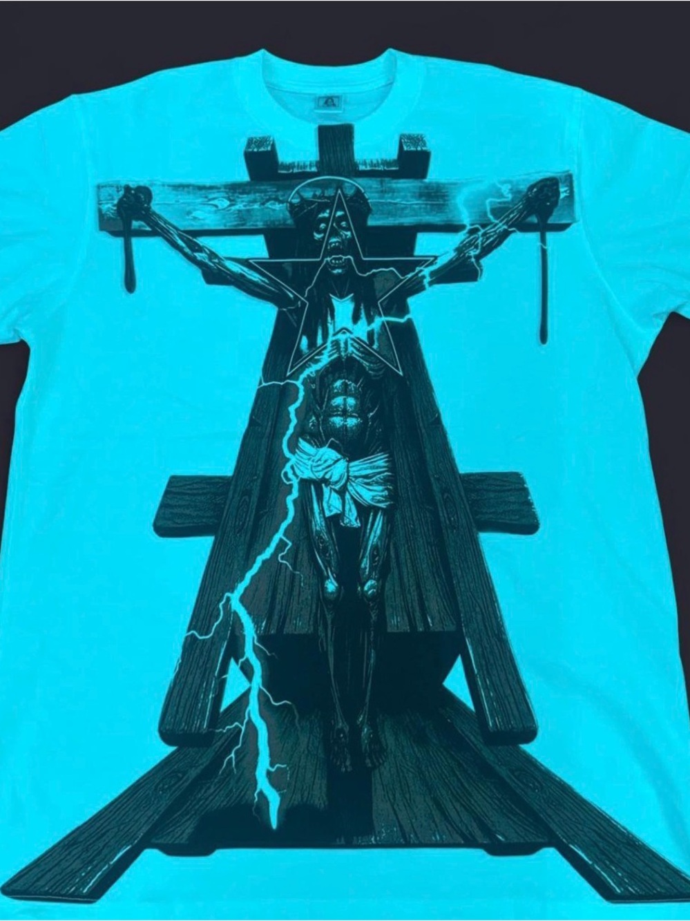 Men's Teal Graphic Crew Neck T-Shirt with Crucifix Lightning Print